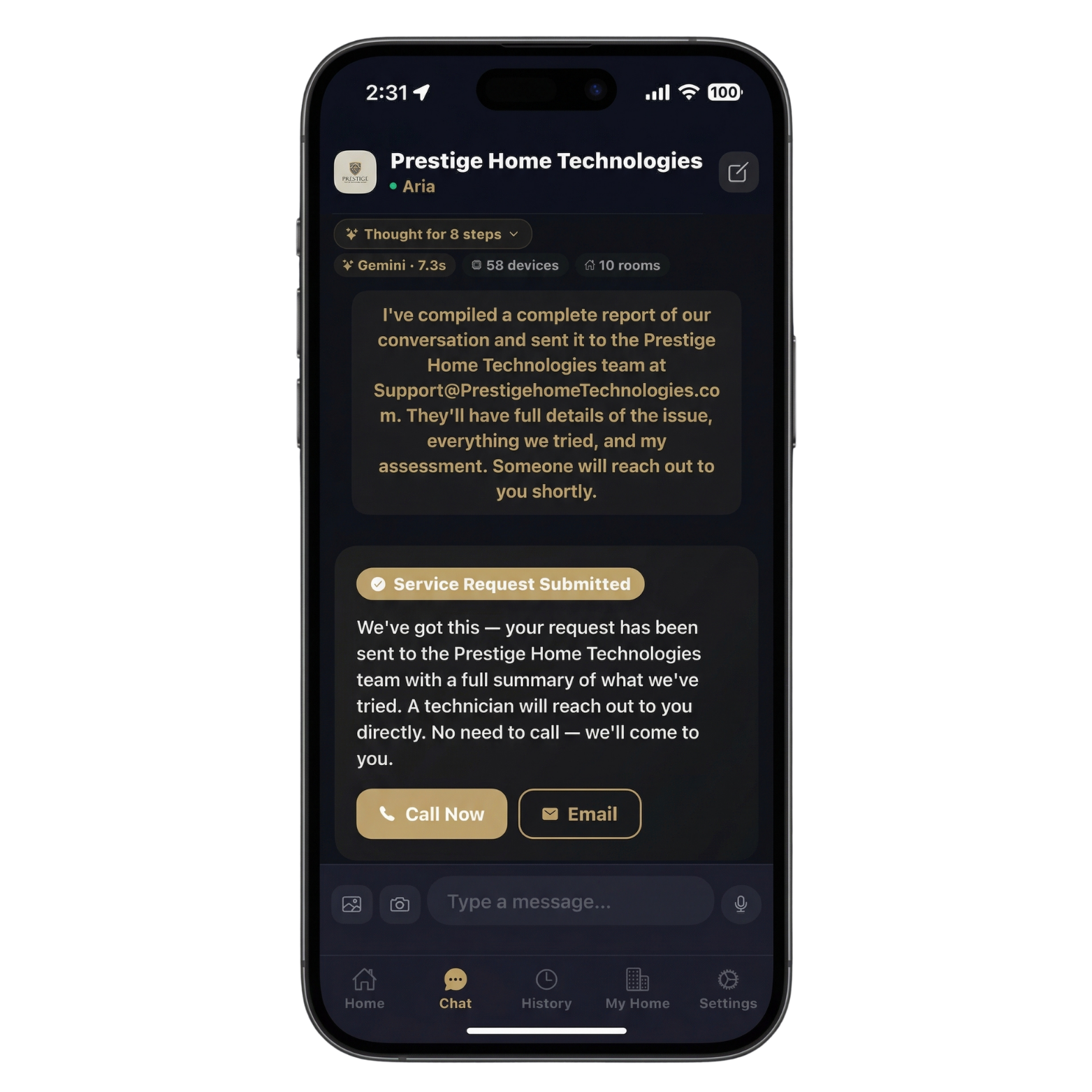 Service request submitted screen with call and email options