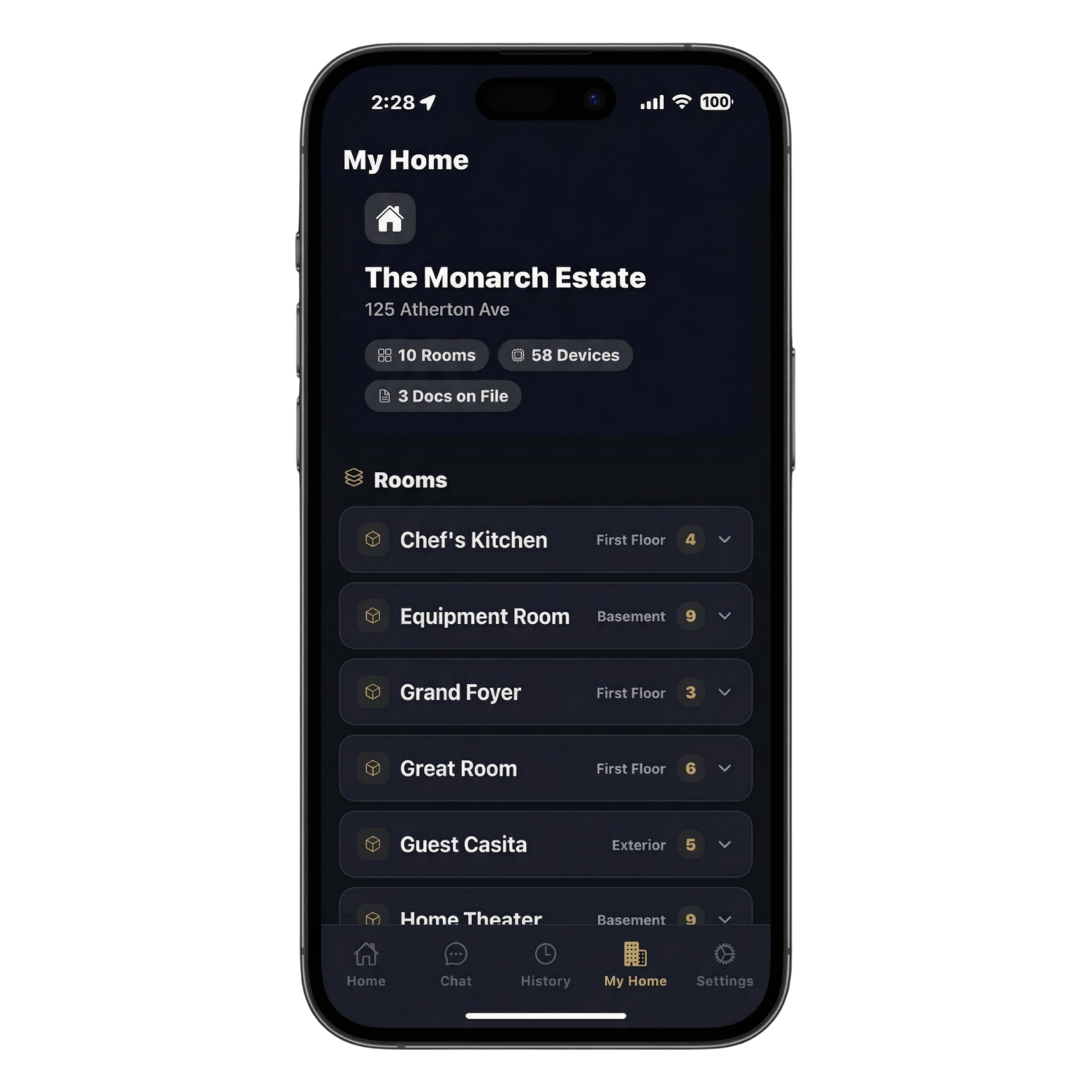 My Home tab showing rooms, devices, and documents for a luxury residence